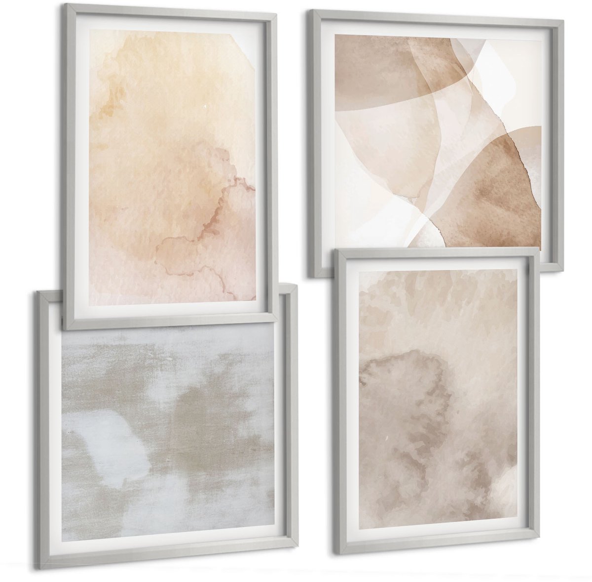 TULUP 4-Delige Schilderij Set - Warme aquarelverf op canvas, pasteltexturen - 40 x 40 cm en 40 x 60 cm - Muurdecoratie - Schilderijen Set - Woonkamer - Interieur Decoratie Zilveren lijst