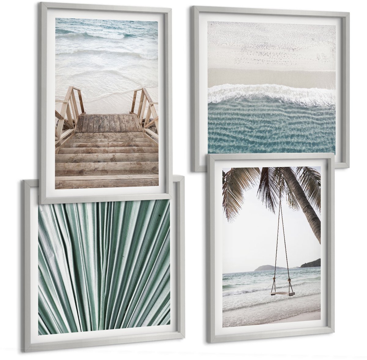 TULUP 4-Delige Schilderij Set - Uitzichten vanaf een tropische vakantievegetatie - 40 x 40 cm en 40 x 60 cm - Muurdecoratie - Wanddecoratie - Hal - Stijlvolle Muurdecoratie Zilveren lijst