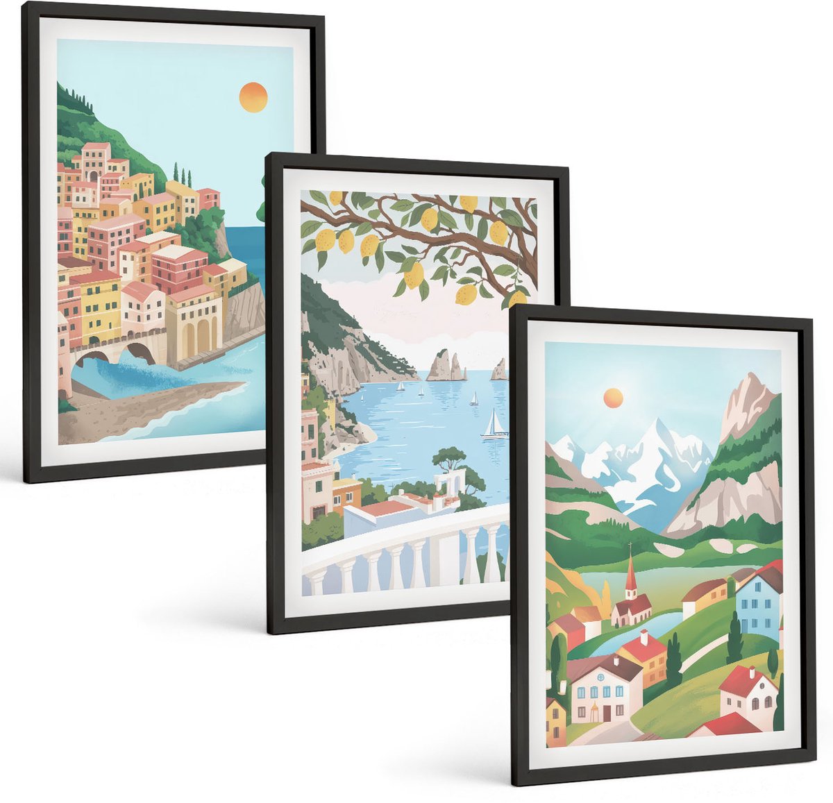 Tulup 4-Delige Schilderij Set - Uitzicht op zee met pastelkleurige huizen - 40 x 60 cm - Muurdecoratie - Interieur Decoratie - Stijlvolle Muurdecoratie