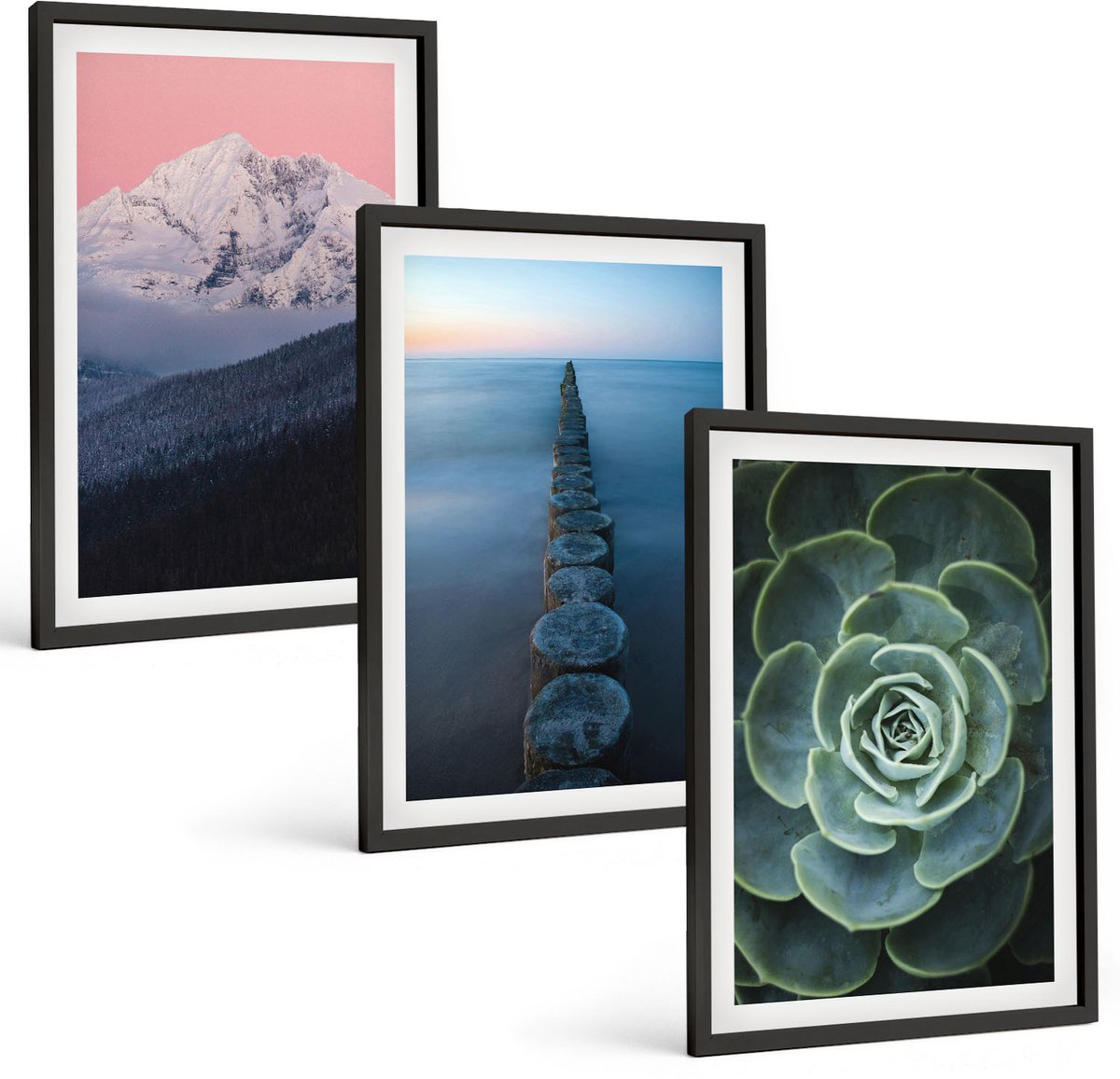 Tulup 4-Delige Schilderij Set - Bergen met roze lucht, water en groene vetplanten - 40 x 60 cm - Wanddecoratie - Muurdecoratie - Woonkamer - Moderne Wanddecoratie