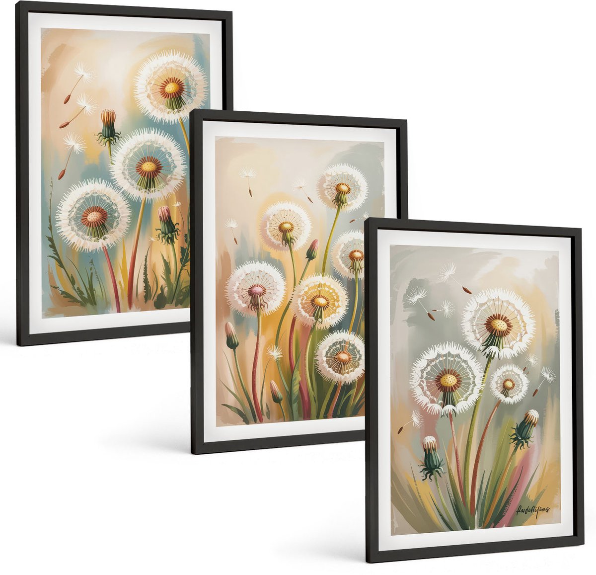 Tulup 4-Delige Schilderij Set - Paardenbloemen tegen een pastelkleurige grasachtergrond - 40 x 60 cm - Muurdecoratie - Wanddecoratie - Slaapkamer