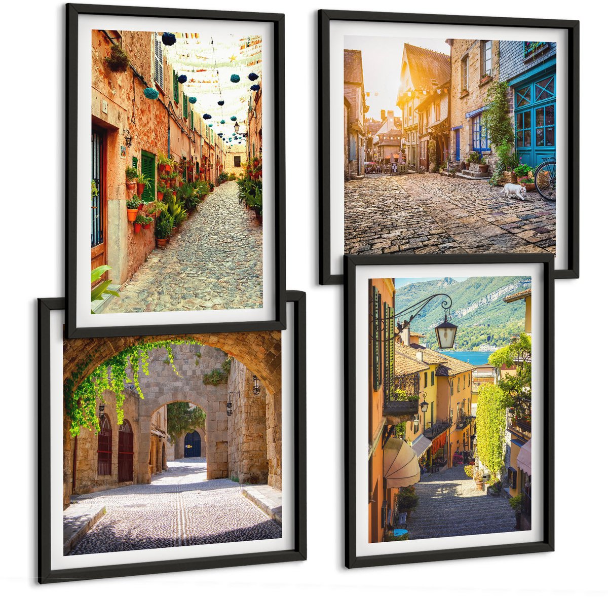 Tulup 4-Delige Schilderij Set - Sfeervolle straatjes met stenen gebouwen en poorten. - 40 x 40 cm en 40 x 60 cm - Decoratieve Muurdecoratie - Slaapkamer - Woonkamer Decoratie