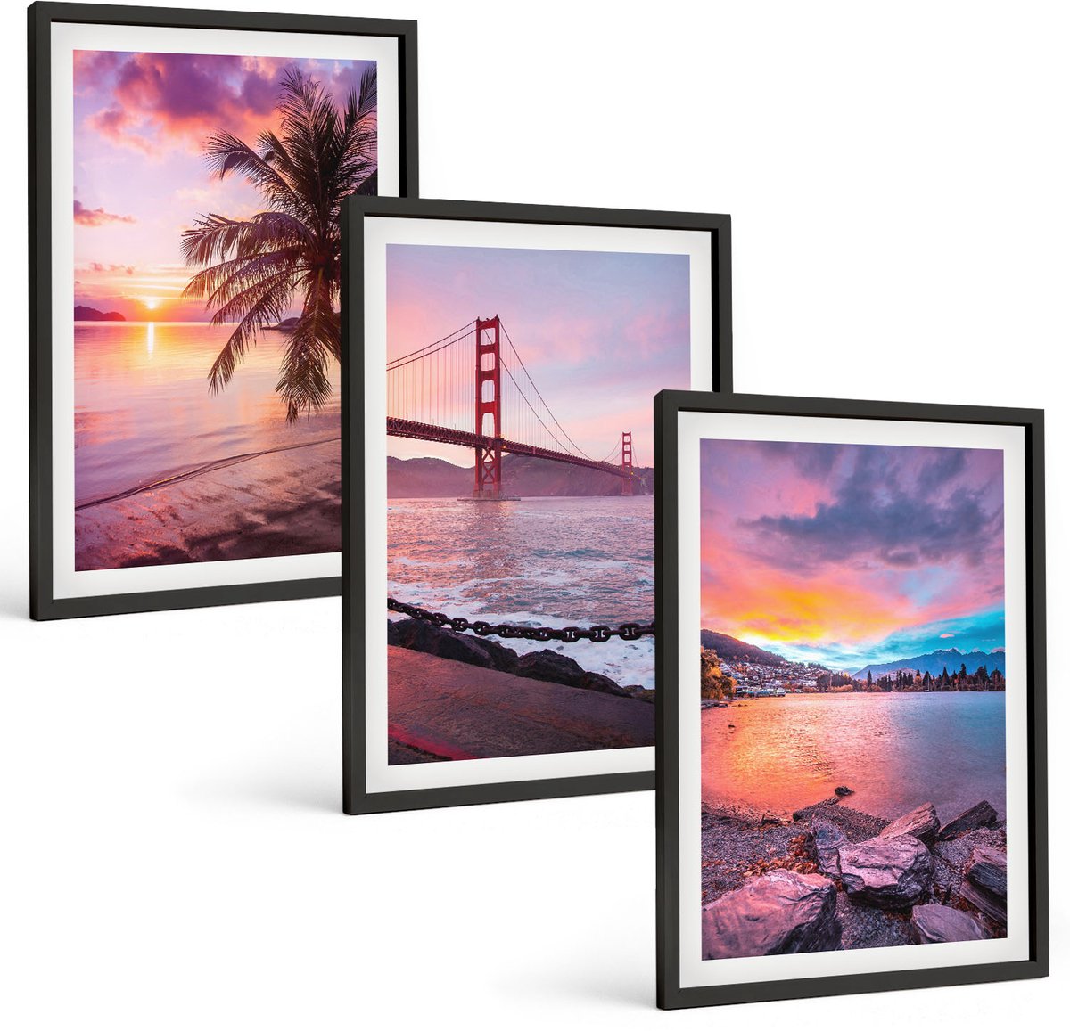 Tulup 4-Delige Schilderij Set - Zonsondergangen boven de brug en het waterlandschap - 40 x 60 cm - Muurdecoratie - Wanddecoratie - Hal - Interieur Decoratie