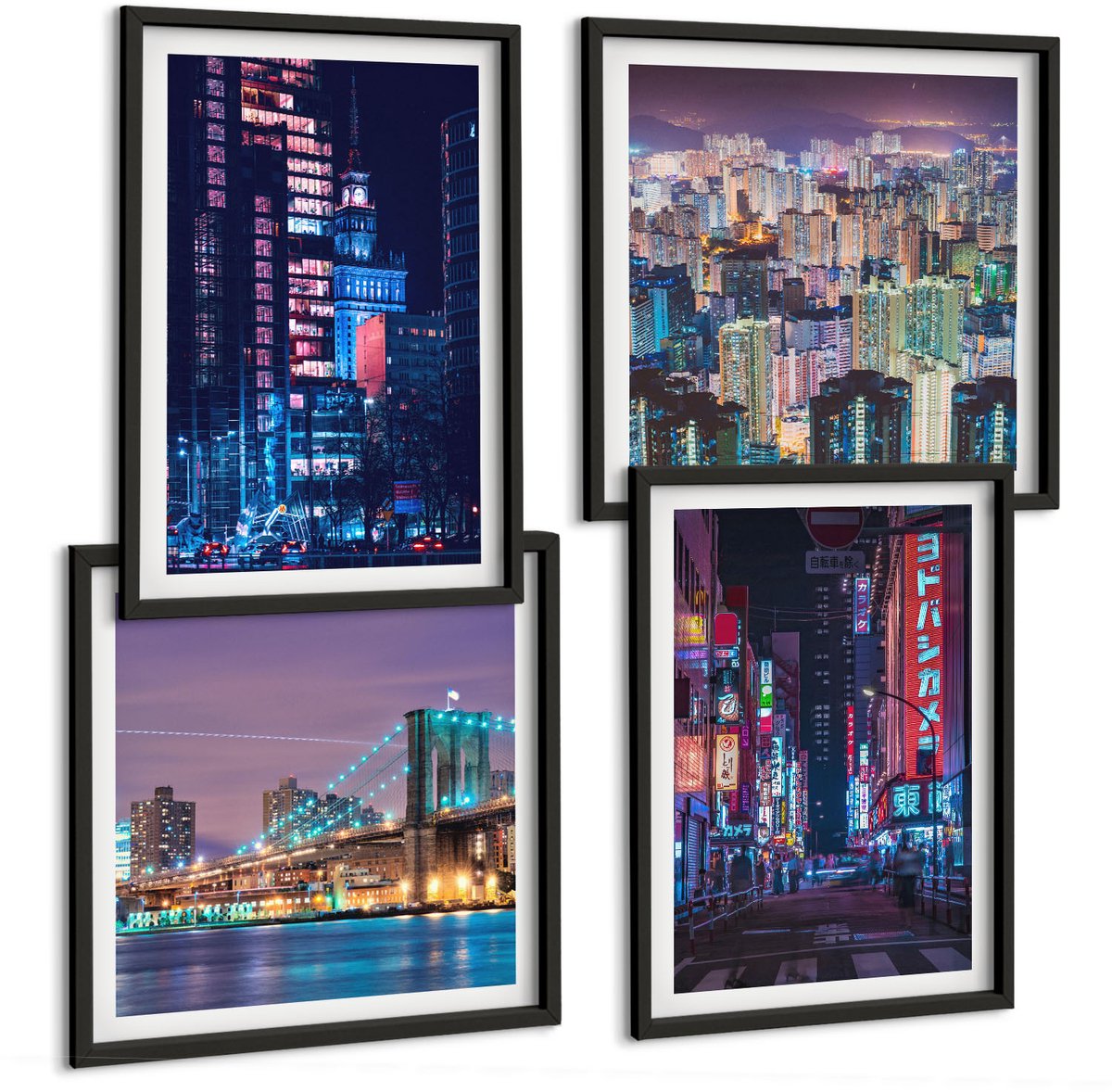 Tulup 4-Delige Schilderij Set - Nachtelijke stadsgezichten met neonlichten - 40 x 40 cm en 40 x 60 cm - Stijlvolle Muurdecoratie - Slaapkamer - Interieur Decoratie