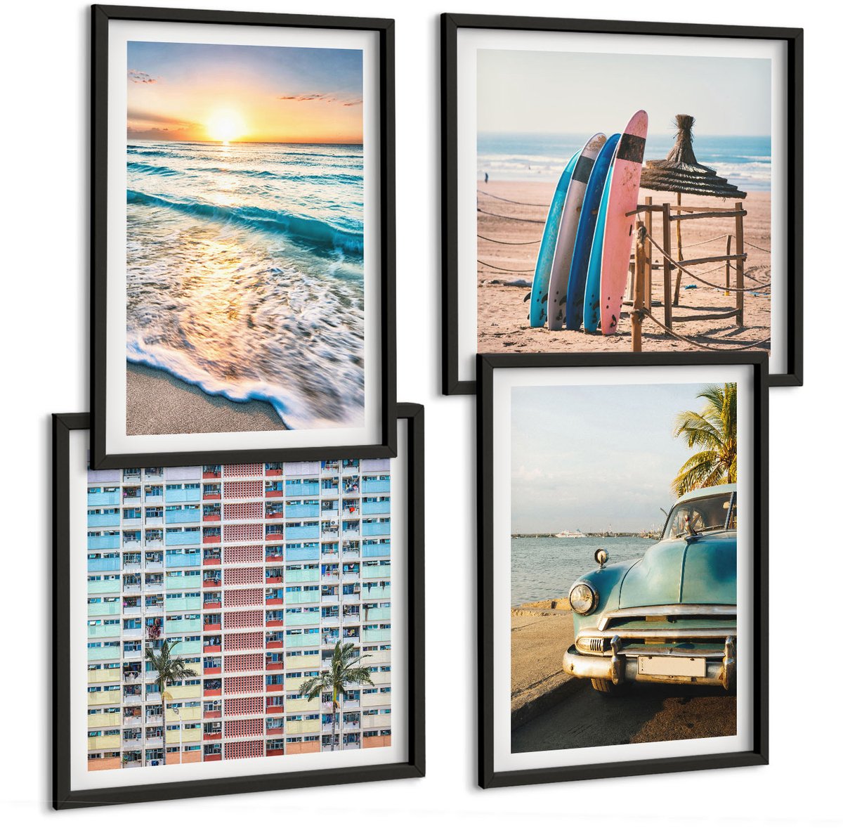 Tulup 4-Delige Schilderij Set - Vakantie in Miami met uitzicht op de zonsondergang en zee - 40 x 40 cm en 40 x 60 cm - Wanddecoratie - Schilderijen Set - Kantoor - Decoratieve Schilderijen