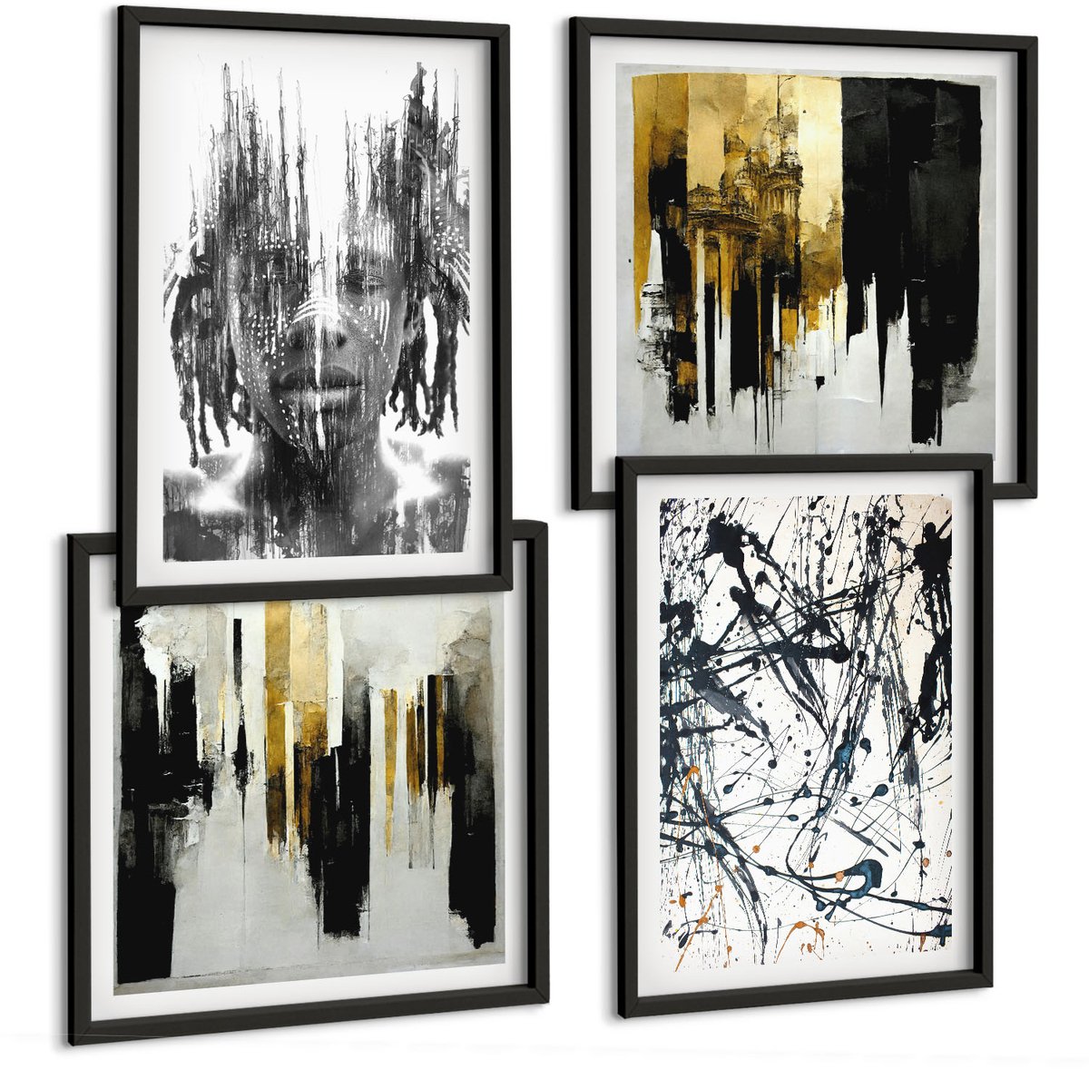 Tulup 4-Delige Schilderij Set - Contrasterende abstracties met portret en architectuur - 40 x 40 cm en 40 x 60 cm - Stijlvolle Muurdecoratie - Kantoor - Moderne Wanddecoratie