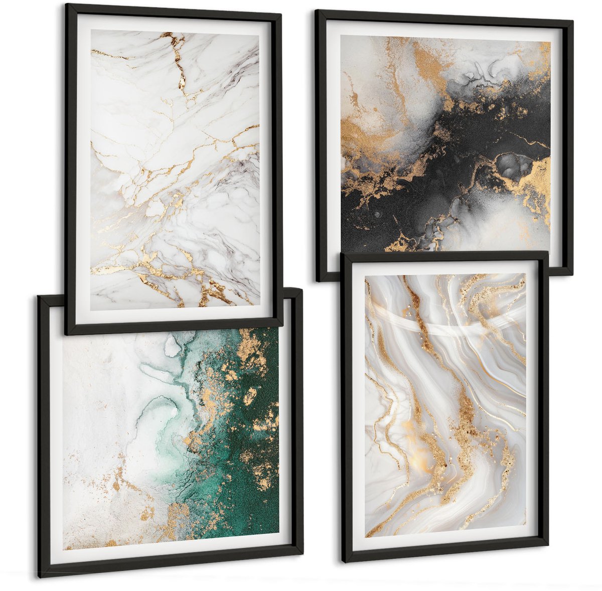 Tulup 4-Delige Schilderij Set - Abstracte patronen in tinten wit, zwart en groen. - 40 x 40 cm en 40 x 60 cm - Muurdecoratie - Wanddecoratie - Hal - Moderne Wanddecoratie