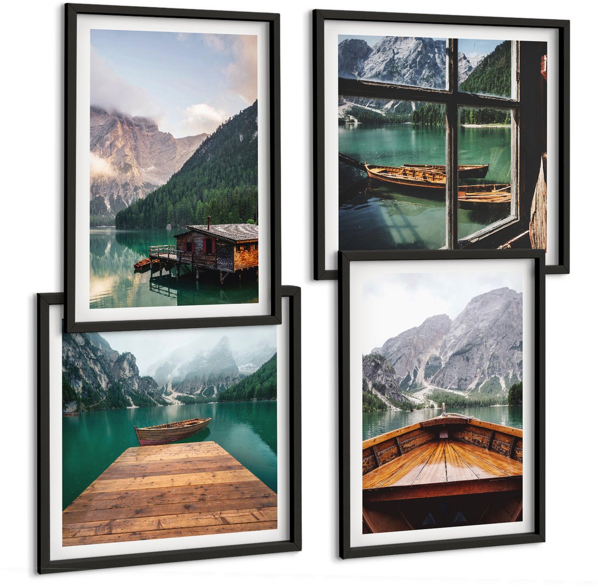 Tulup 4-Delige Schilderij Set - Berglandschap, houten huisje, steiger en boten - 40 x 40 cm en 40 x 60 cm - Wanddecoratie - Muurdecoratie - Woonkamer - Woonkamer Decoratie