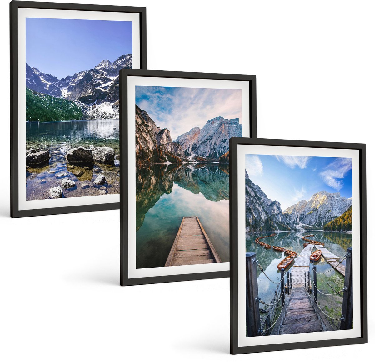 Tulup 4-Delige Schilderij Set - Bergen, meren en houten bruggen over het water. - 40 x 60 cm - Muurdecoratie - Schilderijen Set - Woonkamer - Moderne Wanddecoratie