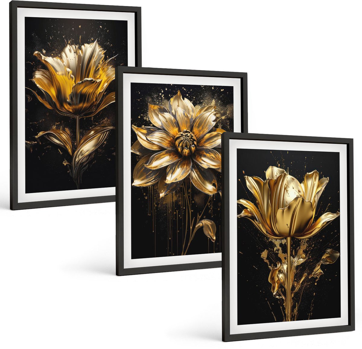 Tulup 4-Delige Schilderij Set - Bloemen in verschillende tinten geel op een donkere achtergrond - 40 x 60 cm - Wanddecoratie - Muurdecoratie - Moderne Interieurdecoratie - Decoratieve Schilderijen
