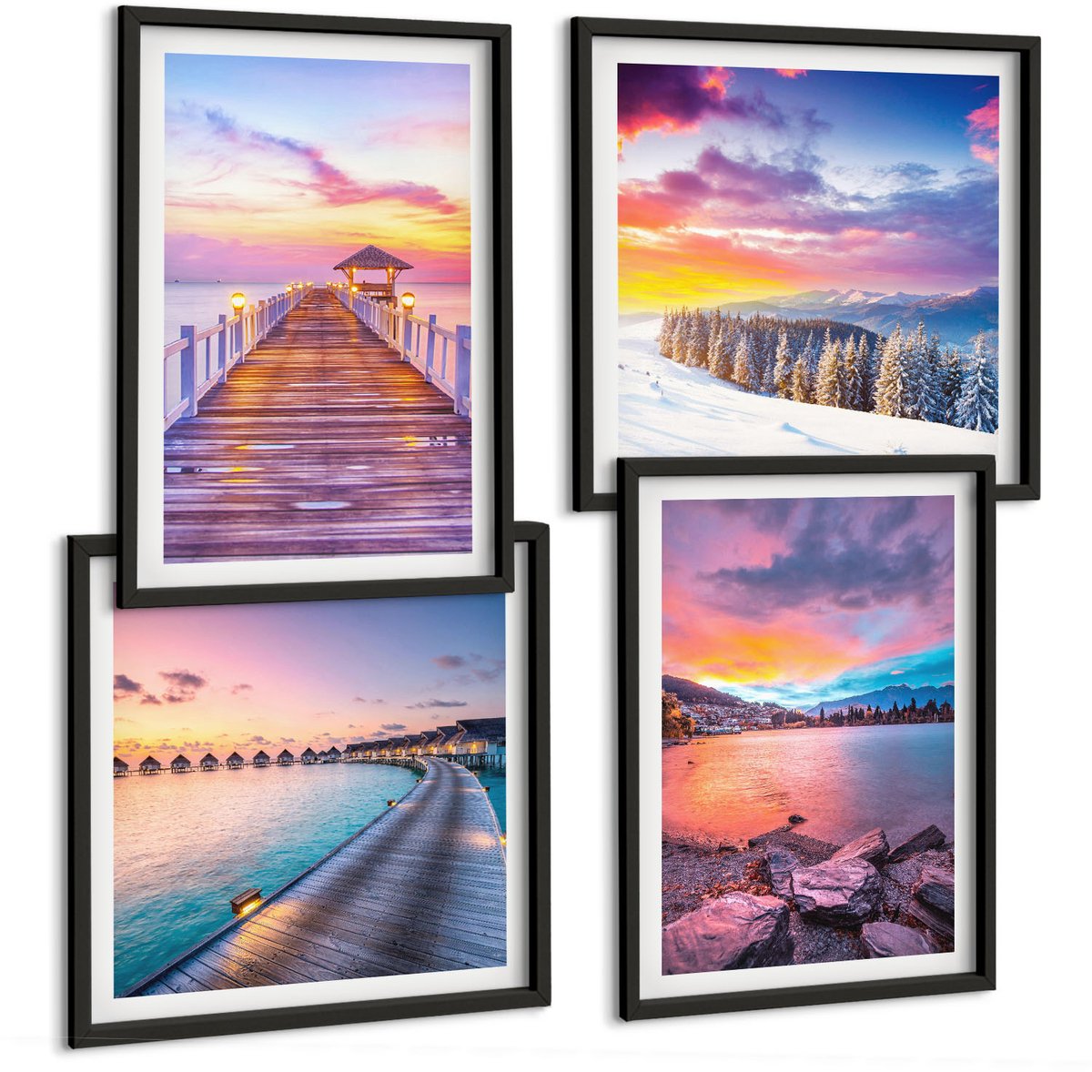 Tulup 4-Delige Schilderij Set - Winters berglandschap met een aanlegsteiger aan het meer. - 40 x 40 cm en 40 x 60 cm - Muurdecoratie - Decoratieve Schilderijen - Wohnzimmer - Interieur Decoratie