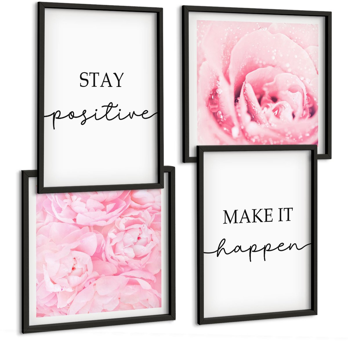 Tulup 4-Delige Schilderij Set - Minimalistische, inspirerende roze bloemenletters - 40 x 40 cm en 40 x 60 cm - Wanddecoratie - Muurdecoratie - Woonkamer - Interieur Decoratie