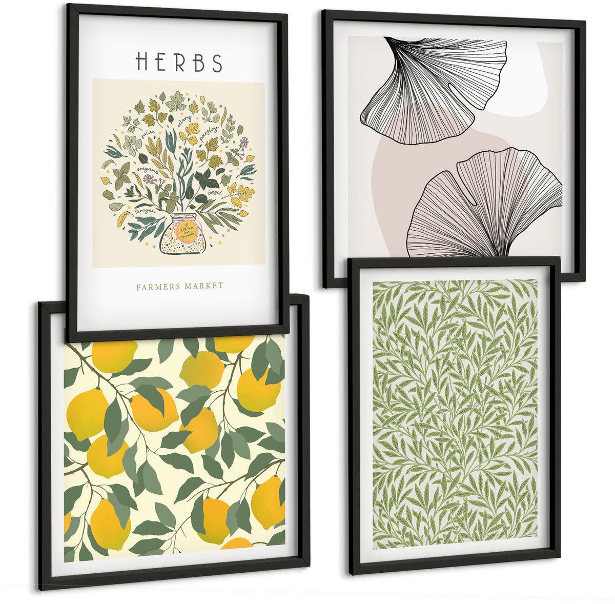 Tulup 4-Delige Schilderij Set - Citroenmotieven met kruiden en plantenbladeren - 40 x 40 cm en 40 x 60 cm - Wanddecoratie - Moderne Interieurdecoratie - Interieur Decoratie