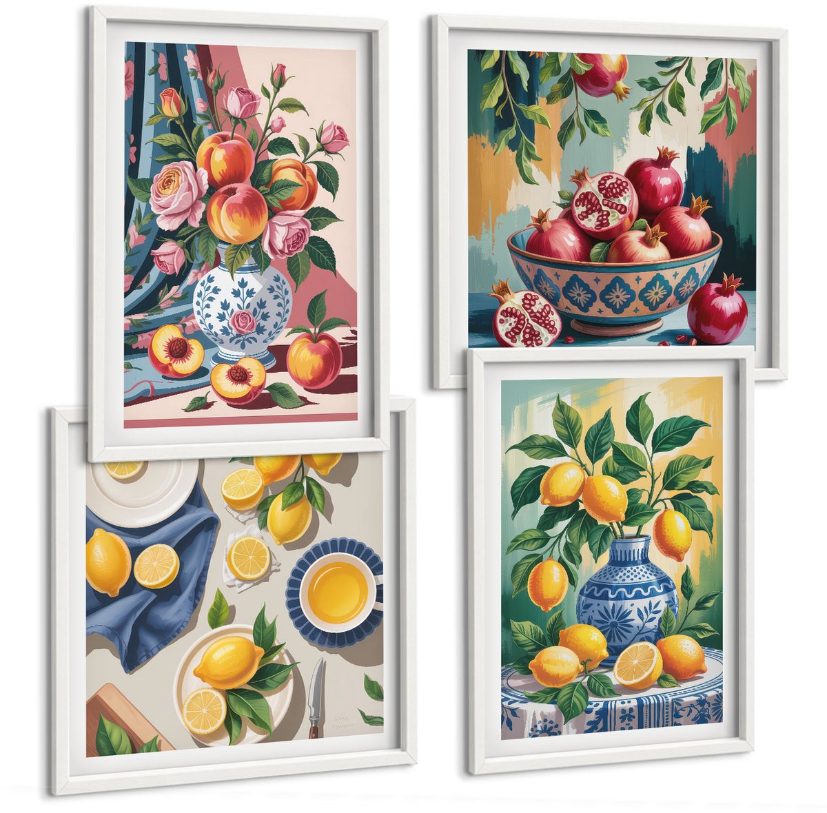 Tulup 4-Delige Schilderij Set - Geschilderde bloemen en fruit in vazen - 40x40 en 40x60 - Muurdecoratie - Interieur Decoratie
