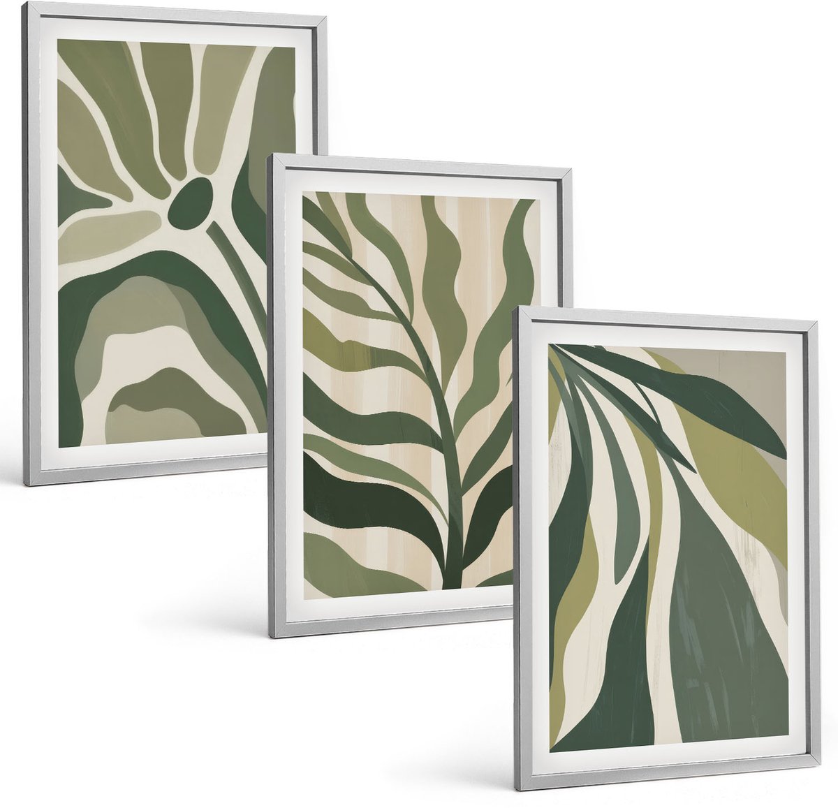 TULUP 4-Delige Schilderij Set - Geschilderde illustraties van bladeren in verschillende tinten groen. - 40 x 60 cm - Wanddecoratie - Schilderijen Set - Interieur - Woonkamer Decoratie Zilveren lijst