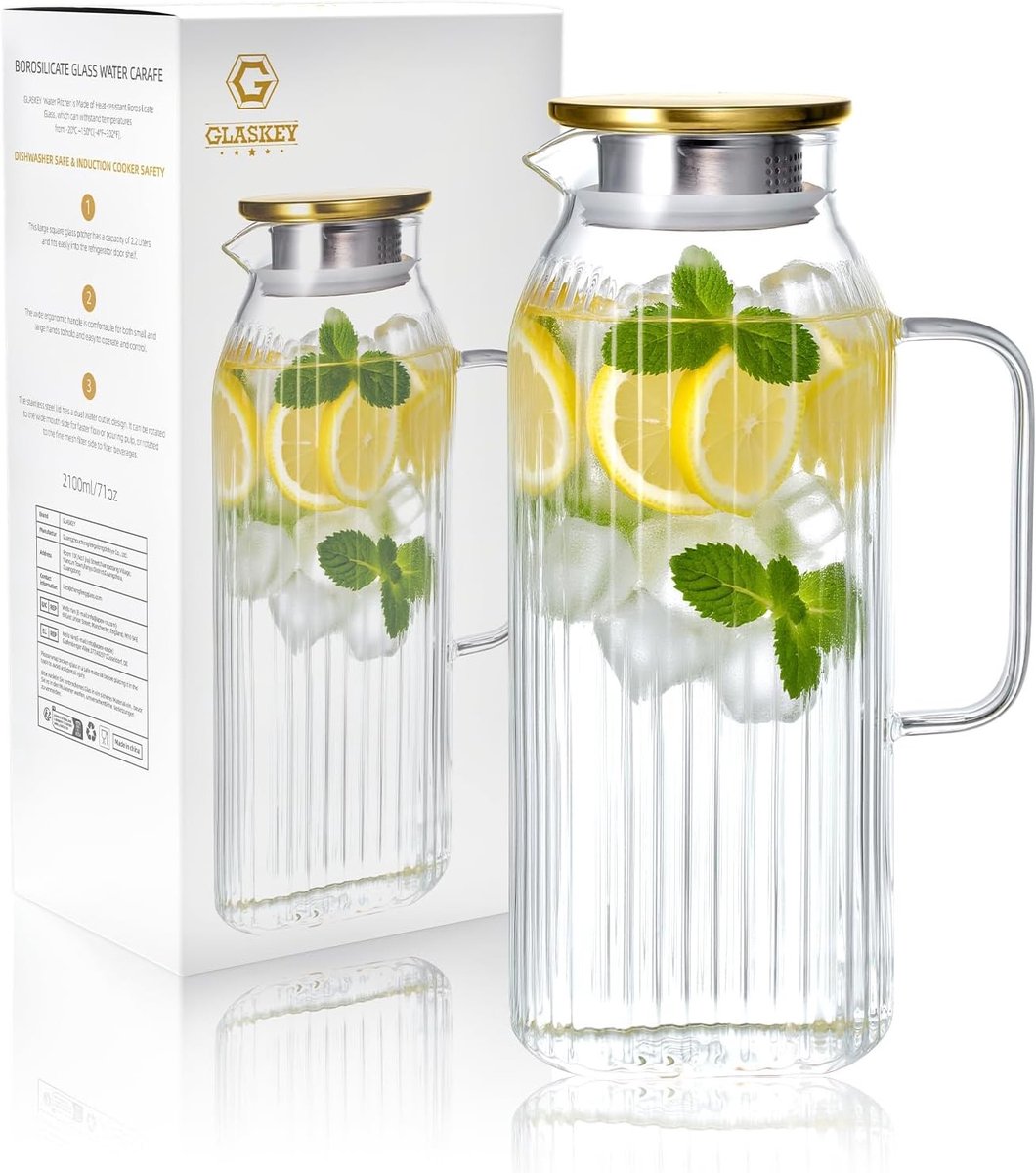 Waterjug - Transparant - 2100 ml - Borosilicaatglas Waterkaraf met Deksel en Handvat - Voor Koelkast en Zelfgemaakte Dranken