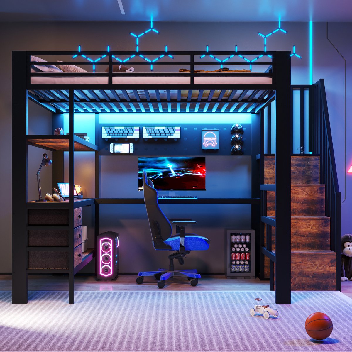 Hoogslaper - 140 x 200 cm - 2-persoons - met opbergruimte - met LED-verlichting - met stopcontact - met trap - Zwart