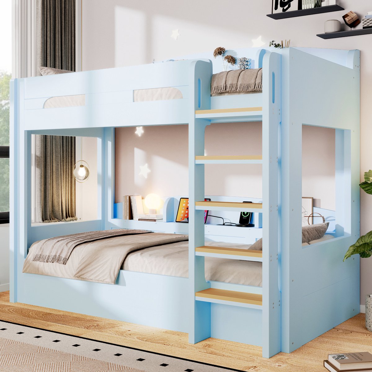 Stapelbed - 90 x 200 cm - 2 slaapplaatsen - met opbergruimte - met USB en stopcontact - Blauw