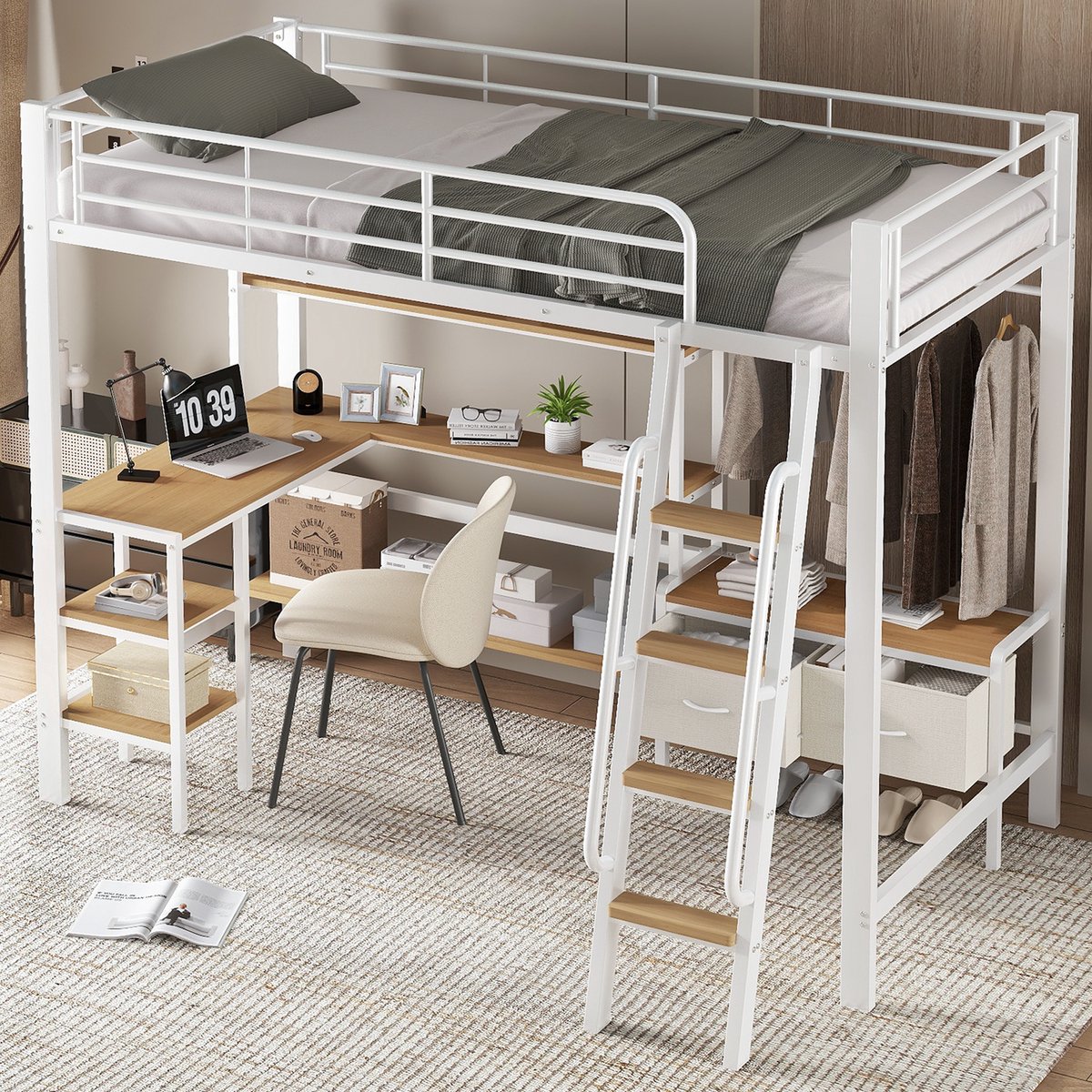 Hoogslaper - 90 x 200 cm - 1-persoons - met bureau - met opbergruimte - met trap - Wit en Naturel