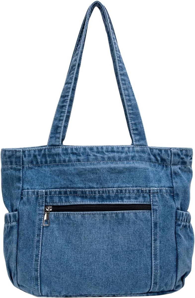 Andiker Denim schoudertas voor dames, ruime vintage cowboytas in casual stijl met 2 zakken met ritssluiting, trendy - ShopVlot
