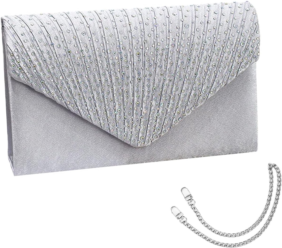 A cover handbag with 1 piece 120 cm and 1 piece 40 cm silver chain, silver diamond envelope bag, satin shiny wallet - ShopVlot