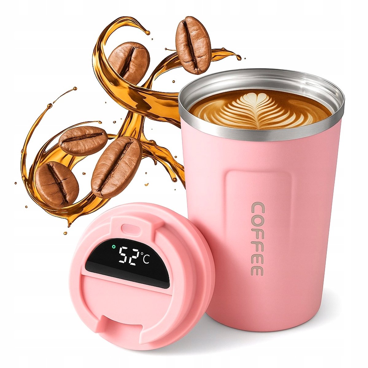 Roze thermische mok 450 ml met LCD-temperatuurdisplay