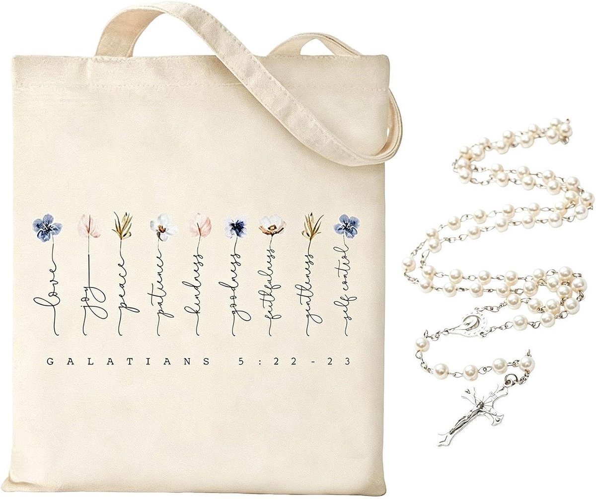 Boodschappentas Met Bijbel Motief 40 × 35 Cm - Herbruikbaar Canvas - Inclusief Kruis Ketting - ShopVlot