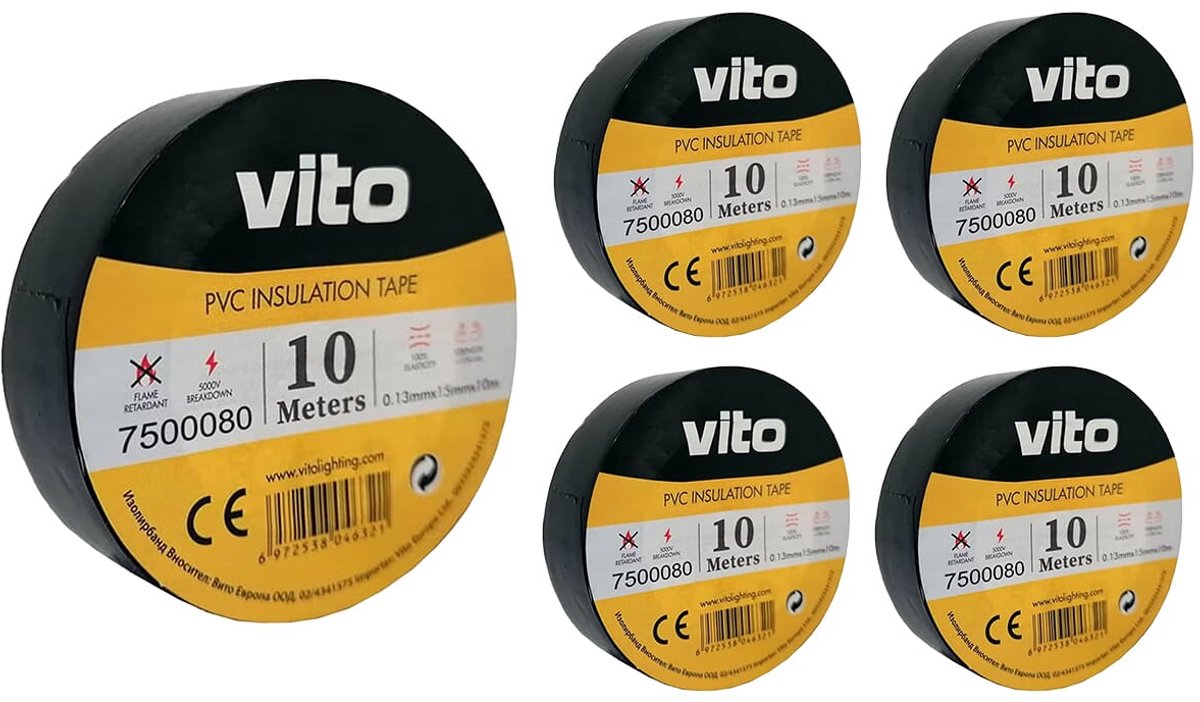 VITO Isolatietape 10 meter - Brandvertragend - Elektrische Isolatietape PVC Tape - Zwart - 5 stuks