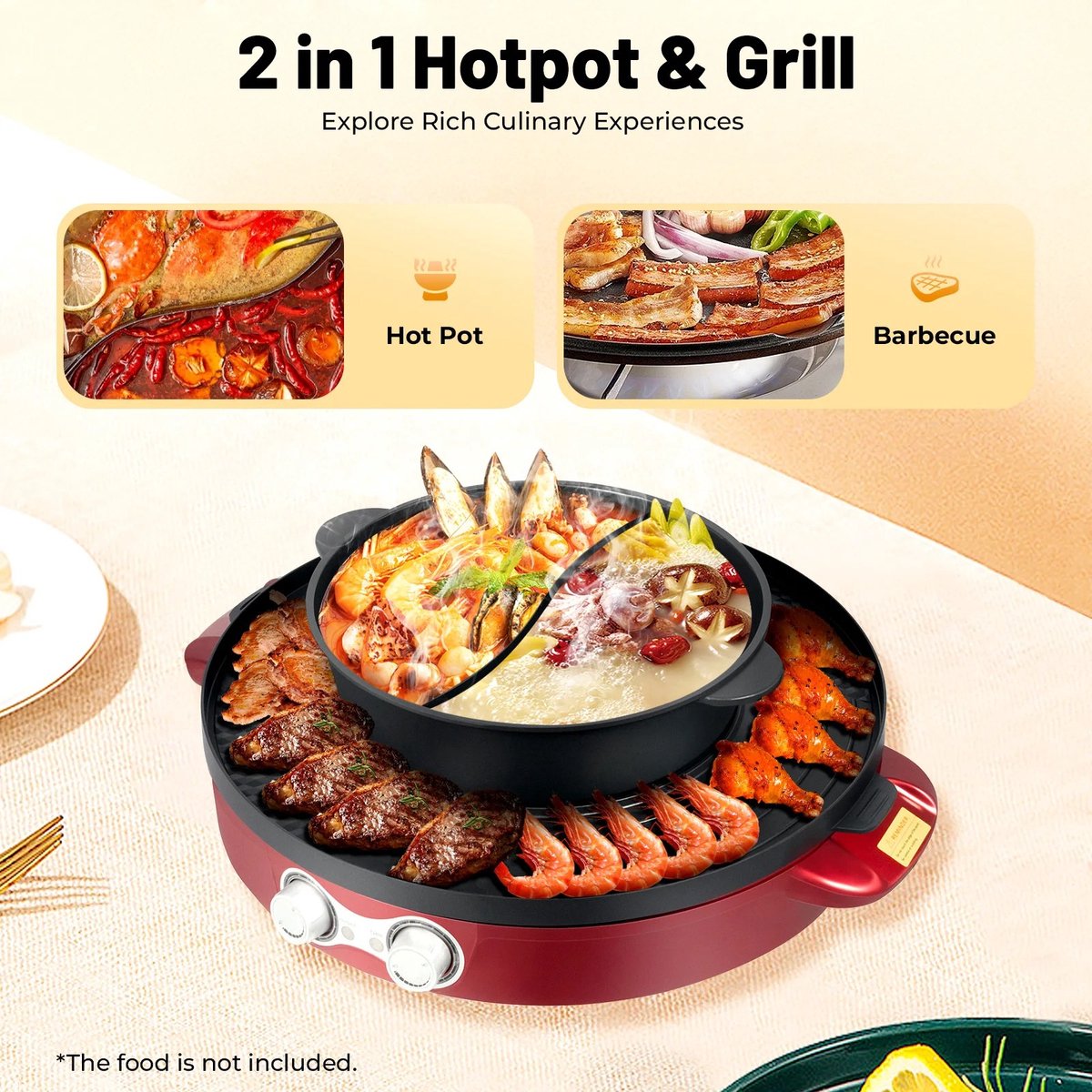 Elektrische Grillplaat Rood 2200 W 44 cm Diameter Non-stick Coating Voor Thuis En Restaurant