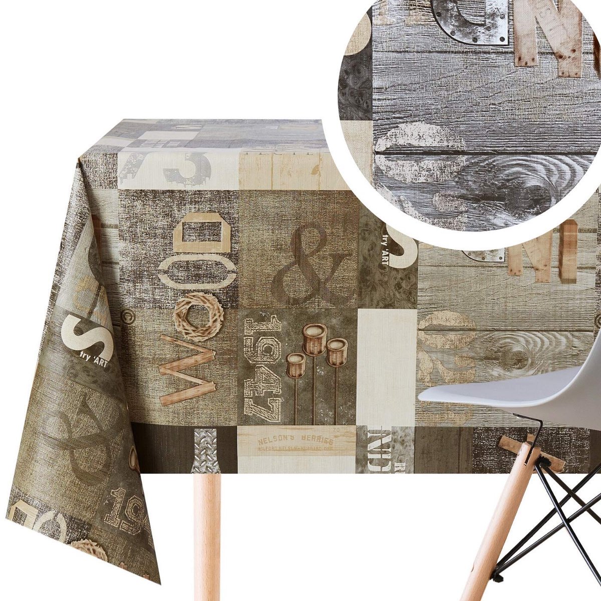 Famanu – Kunststof tafelkleed in donkerbruin en grijs industrieel patroon, rechthoekig tafelzeil, 250 x 140 cm, gemakkelijk schoon te maken, waterdicht, dik, afwasbaar PVC