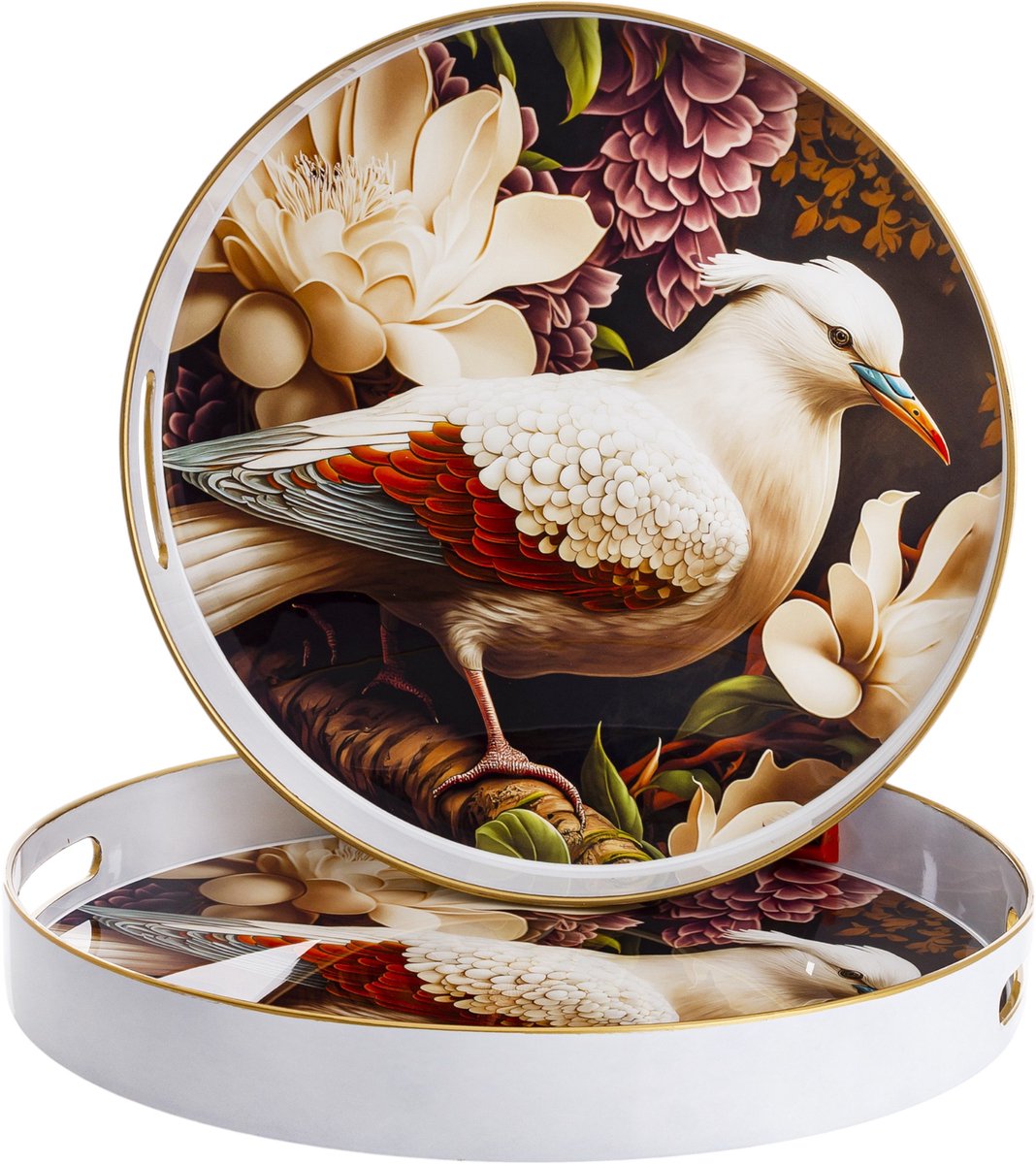 Set van 2 Decoratieve Dienbladen 'Tulum' met Vogelmotief - Wit