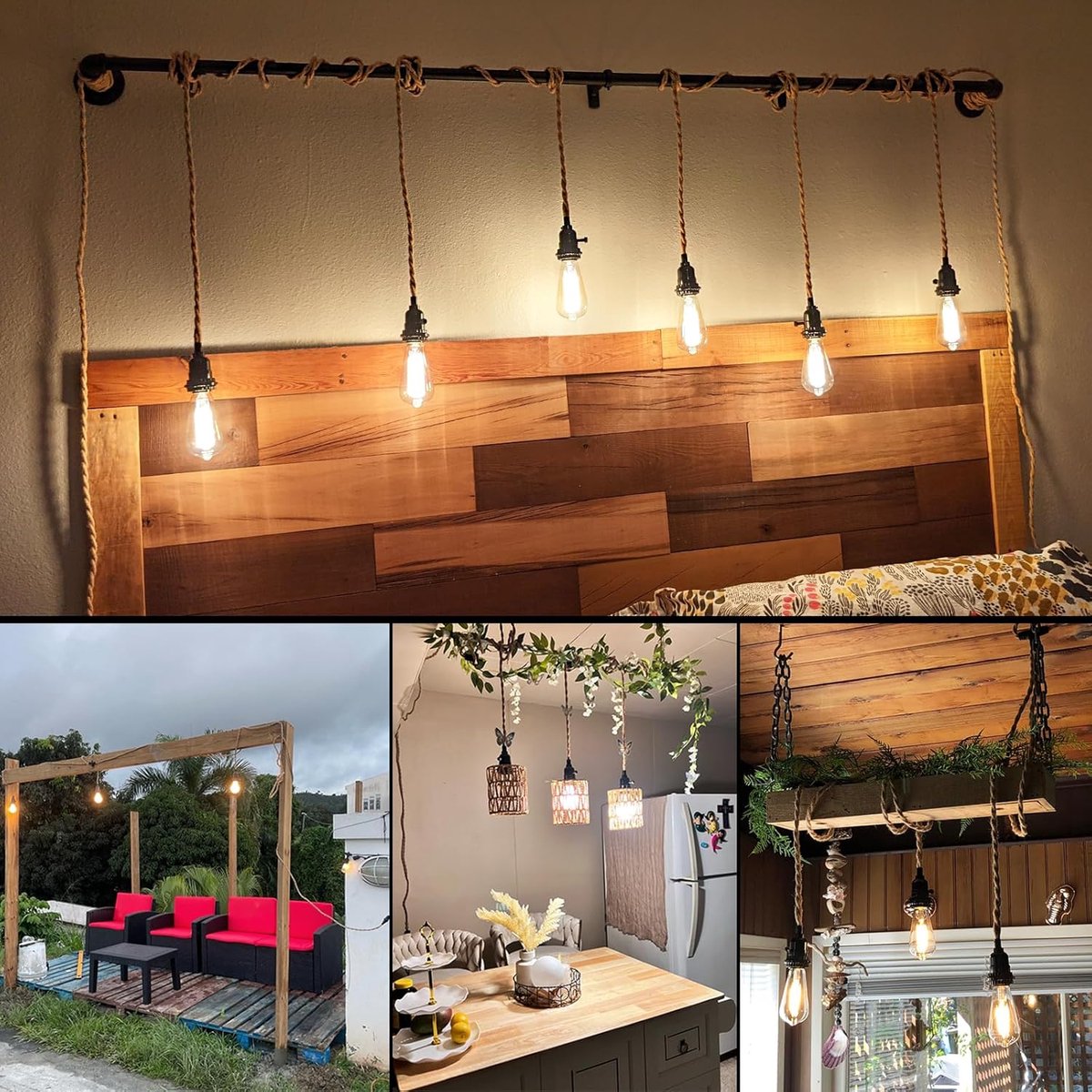 Hemp Rope Pendant Light with Plug 3 Bulbs Vintage Pendant Light Cable with Switch Lamp Socket E27 with Cable 8.5 m DIY - ShopVlot