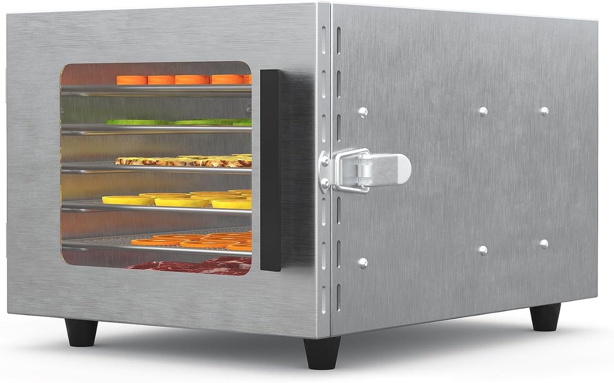 RVS Voedseldroger - Droogoven met 6 RVS Roosters - 620W - Voor Fruit, Groenten, Vlees en Kruiden - Compact Design - Zilver
