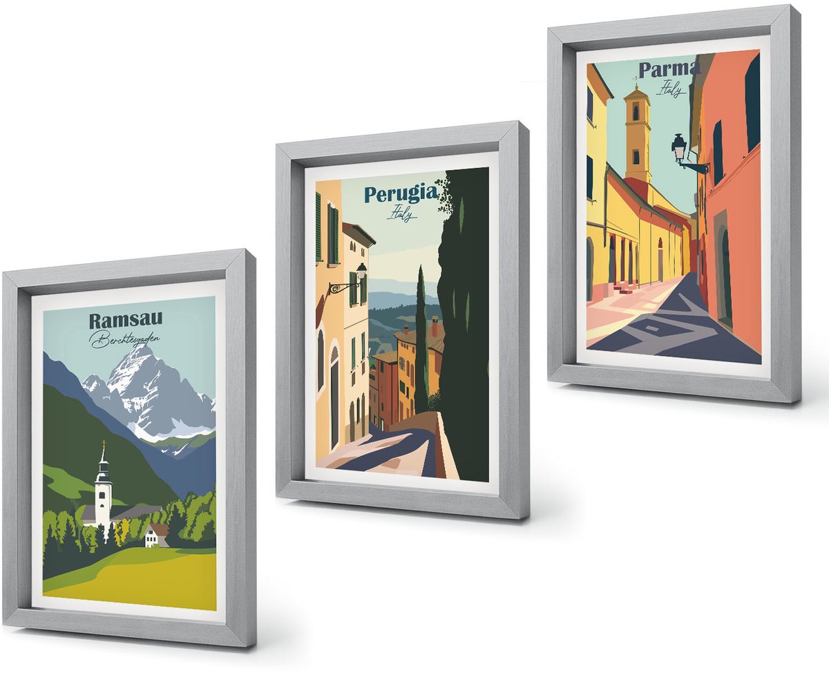 Coloray 4-Delige Schilderij Set - Berglandschappen en straten van Italiaanse steden - 20 x 30 cm - Muurdecoratie - Decoratieve Schilderijen - Wohnzimmer - Stijlvolle Muurdecoratie Zilveren lijst