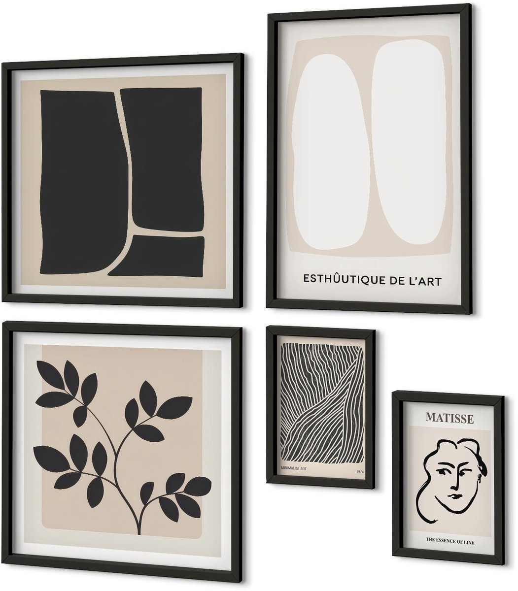 Coloray 5-Delige Schilderij Set - Stijlvolle Graphics In Een Minimalistisch Ontwerp Met Lijnen En Vormen. - 50 x 50 cm, 20 x 30 cm En 40 x 60 cm - Muurdecoratie - Decoratieve Schilderijen - Wohnzimmer - Moderne Wanddecoratie Zwarte lijst