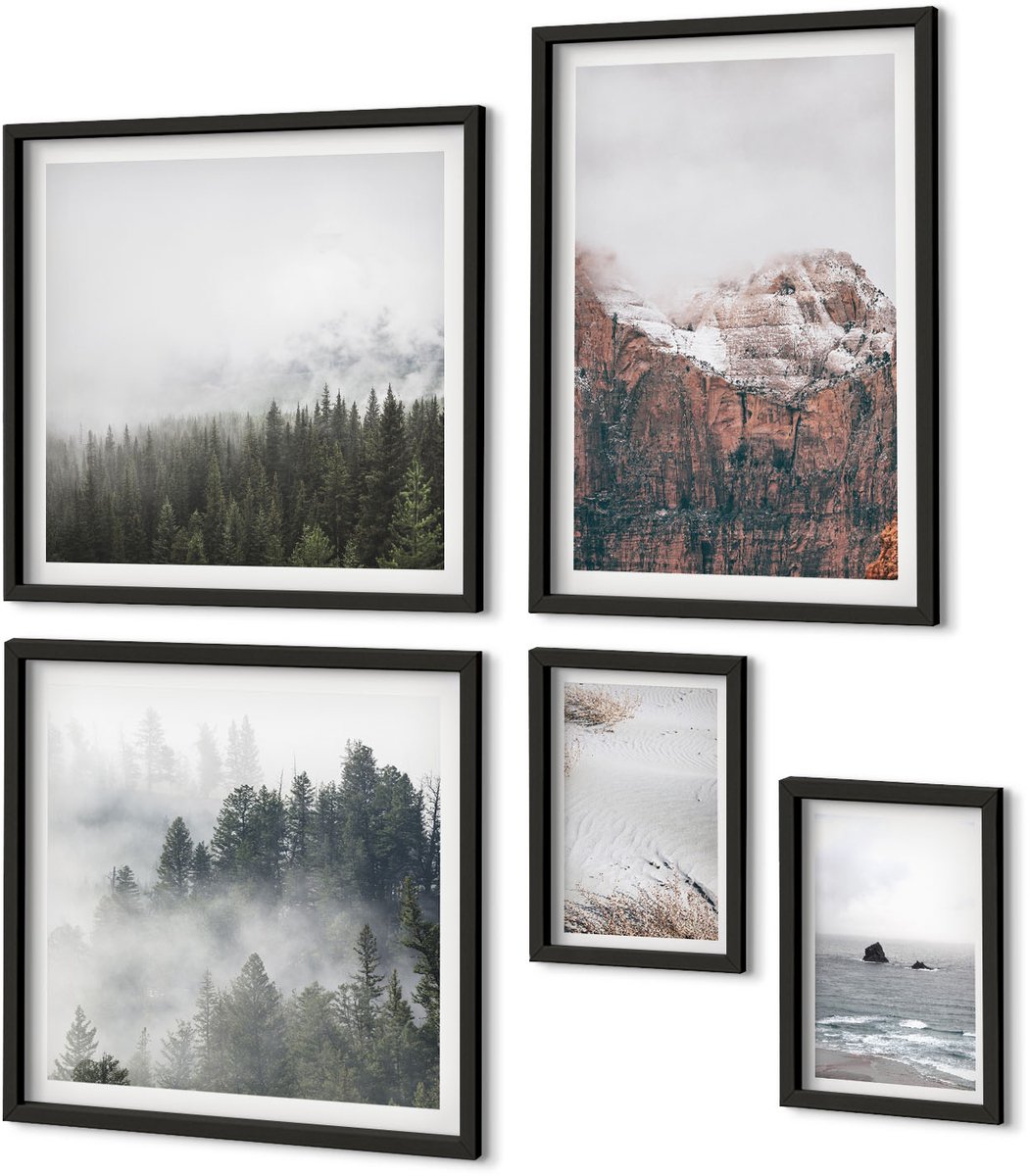 Coloray 5-Delige Schilderij Set - Natuurlijke Landschappen, Bergen, Bossen En Kusten, In De Wolken. - 50 x 50 cm, 20 x 30 cm En 40 x 60 cm - Wanddecoratie - Muurdecoratie - Woonkamer - Decoratieve Schilderijen