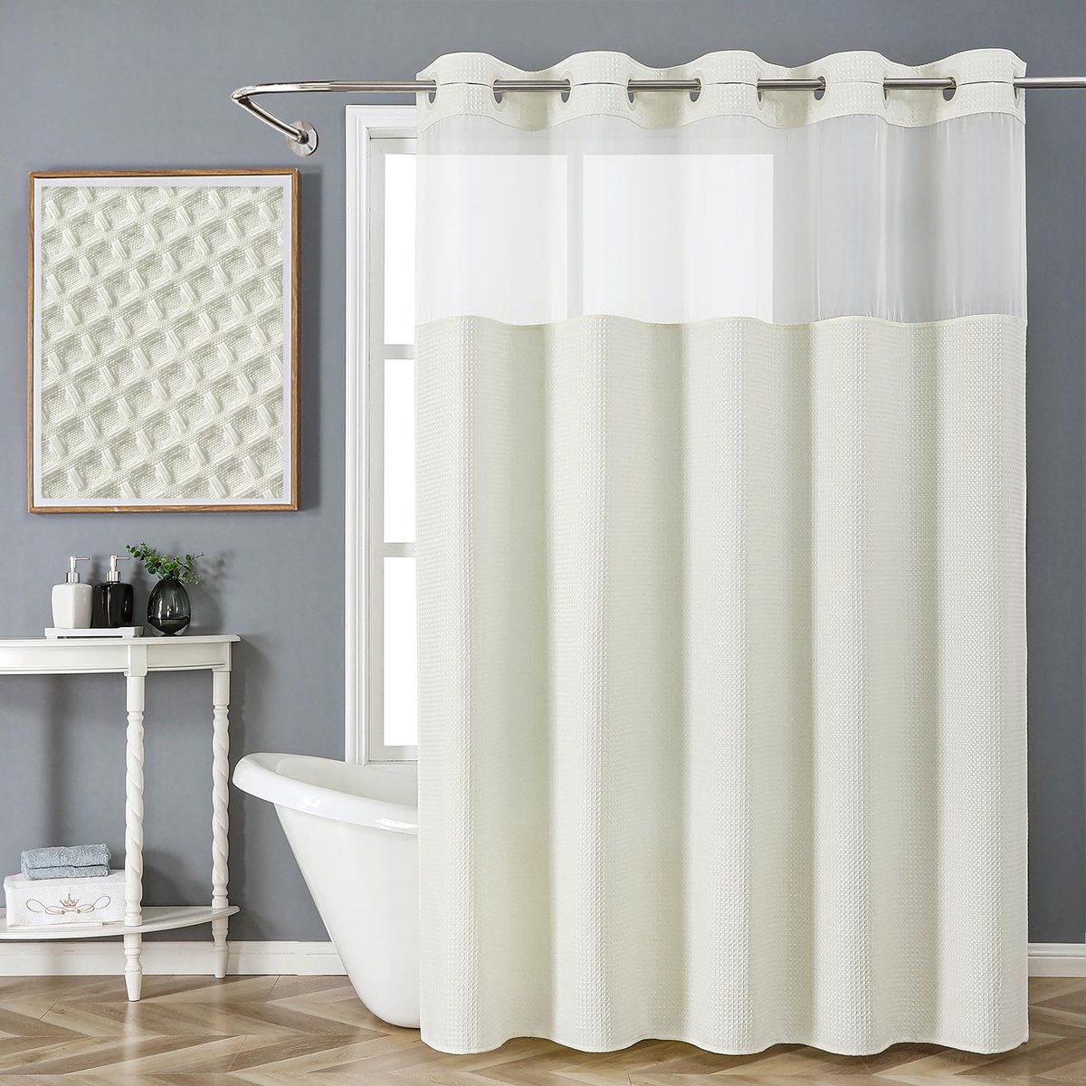 Douchegordijn 72W x 75H - wafelweefsel met gaasvenster - waterdicht en machinewasbaar - stijlvol voor badkamer - ShopVlot