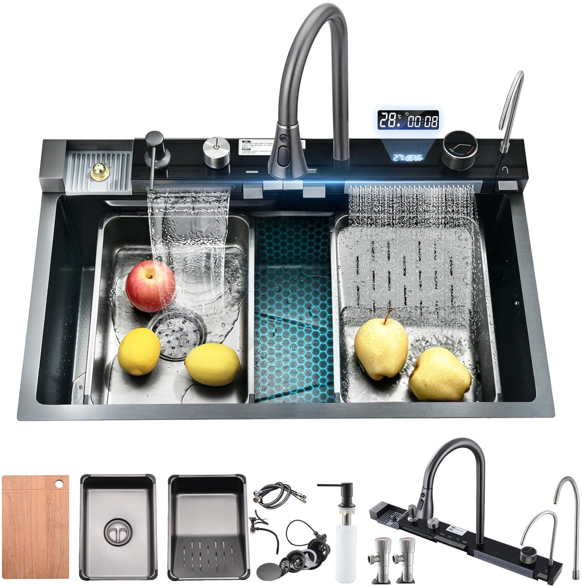 Keukenspoelbak 80 x 45 cm - Zwart roestvrij staal - Multifunctioneel met led-temperatuurweergave - ShopVlot