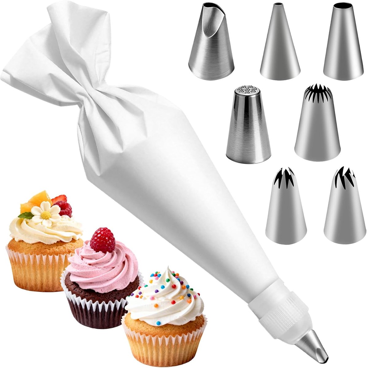 9-piece set with piping bags, piping bag, piping bag, 7 stainless steel nozzles and an adapter for decorating biscuits - ShopVlot