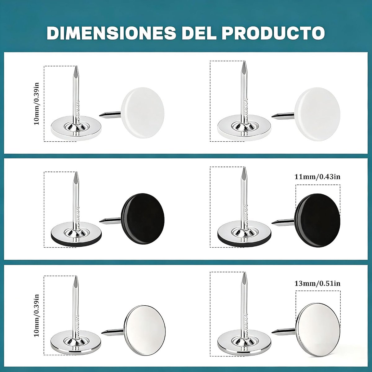 50 stuks decoratieve punaises met platte kop, 10 x 11 mm, robuuste duwpunaises voor muur, kurkbord en prikbord - ShopVlot