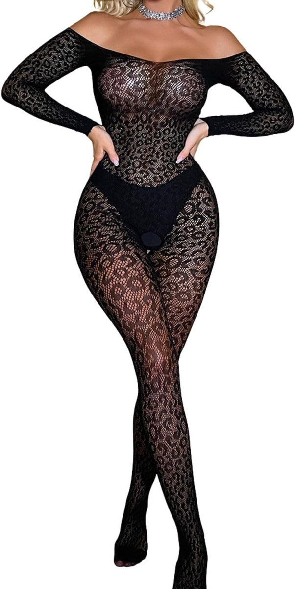 ROSVAJFY Bodystocking Sexy Lace Leopard Mesh Transparent Body Tights Elastic Long Sleeve Nightclub Rave Party - ShopVlot