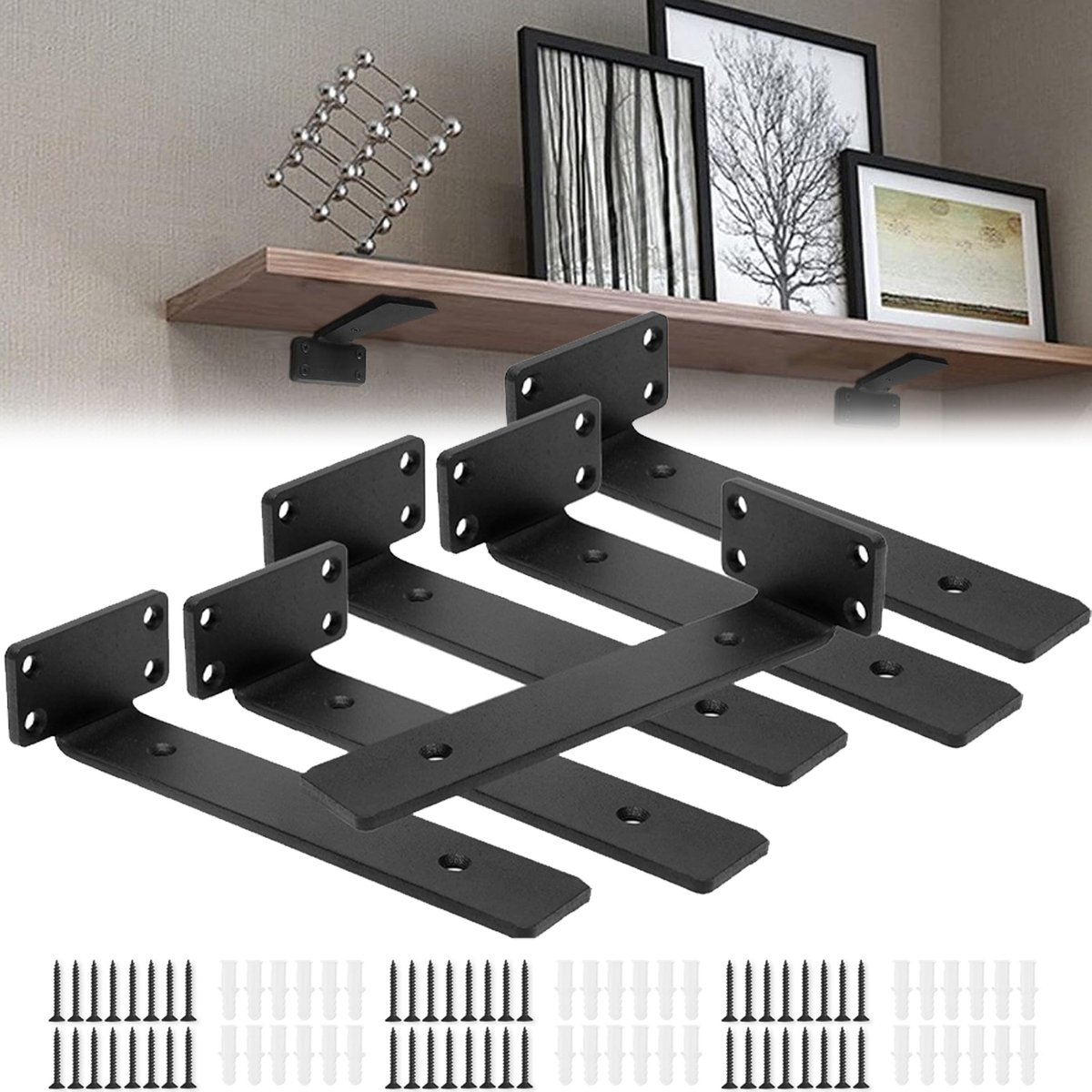 6x Zwarte L-Steunen 8 Inch - Verborgen Plankdragers voor Hout