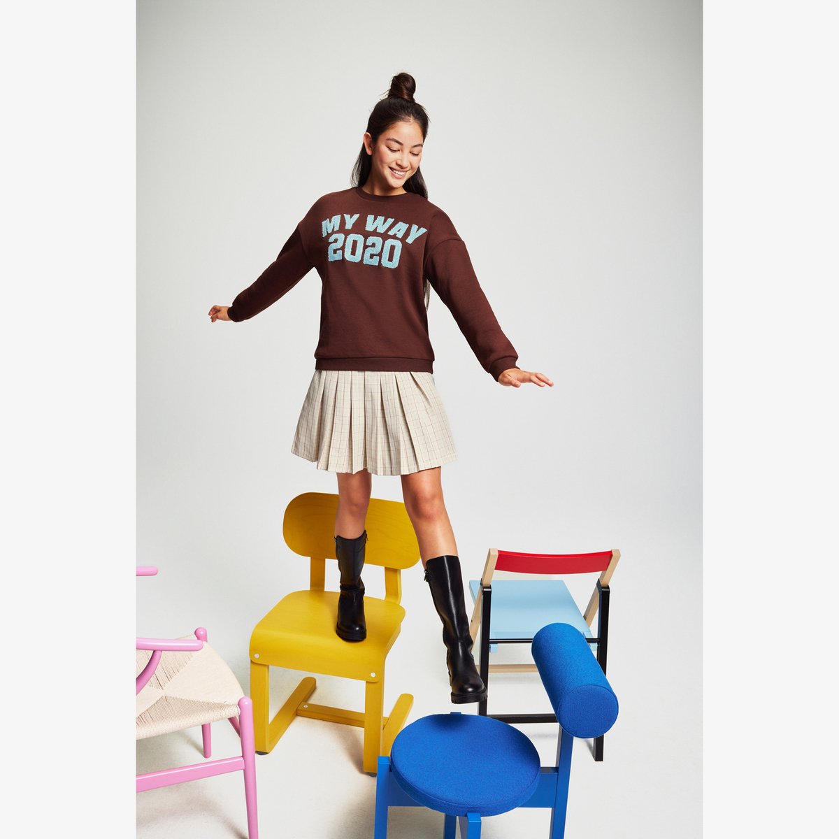 MyWay meisjes sweater met tekstopdruk bruin blauw - Maat 122/128