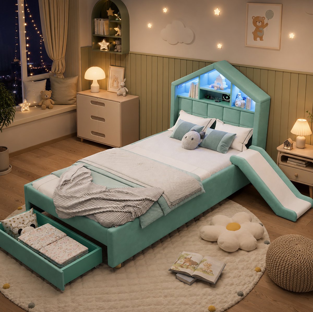 FloraGrace Kinderbed 90x200 cm - Gevoerd Huisbed met Glijbaan en LED Verlichting - Opbergruimte en Bedlade - Blauwgroen - Zonder Matras