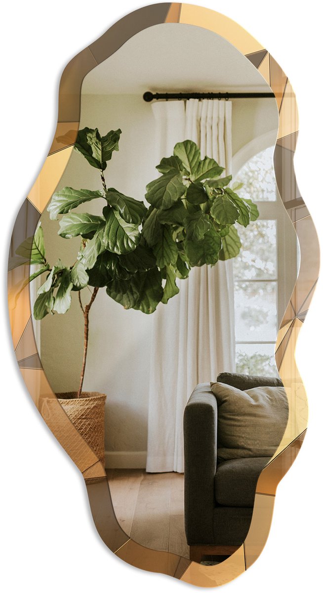 TULUP Ruimtelijk Patroon Spiegel - Beige Elegante Rechthoekige Wandspiegel - Organische Spiegel - Kantoor, Woonkamer, Hal - Geometrisch - 45x90 cm - Totale afmeting 52x97 cm Ruimtelijk Patroon, Beige