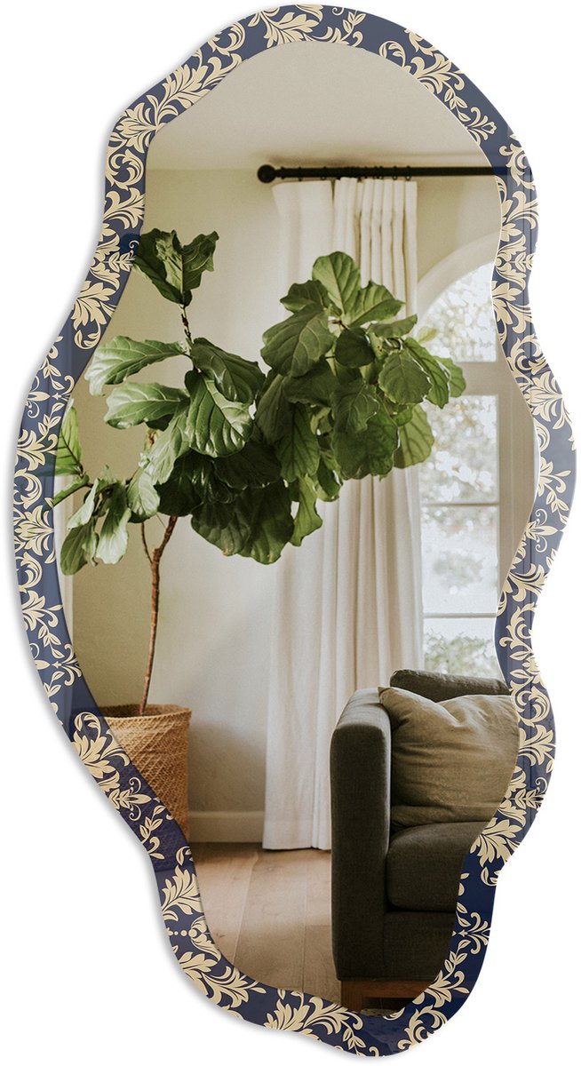 TULUP Klassiek Ornament Spiegel - Marine Stijlvolle Wandspiegel - Organische Spiegel - Woonkamer - Klassiek - 45x90 cm - Totale afmeting 52x97 cm Klassiek Ornament, Marineblauw