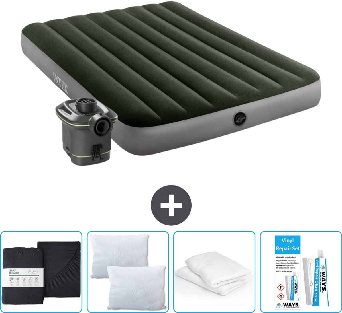 Intex Luchtbed - Twijfelaar - 137 x 191 x 25 cm - Groen - Inclusief pomp - Hoeslaken - Kussen - Reparatieset en Kussenbeschermer