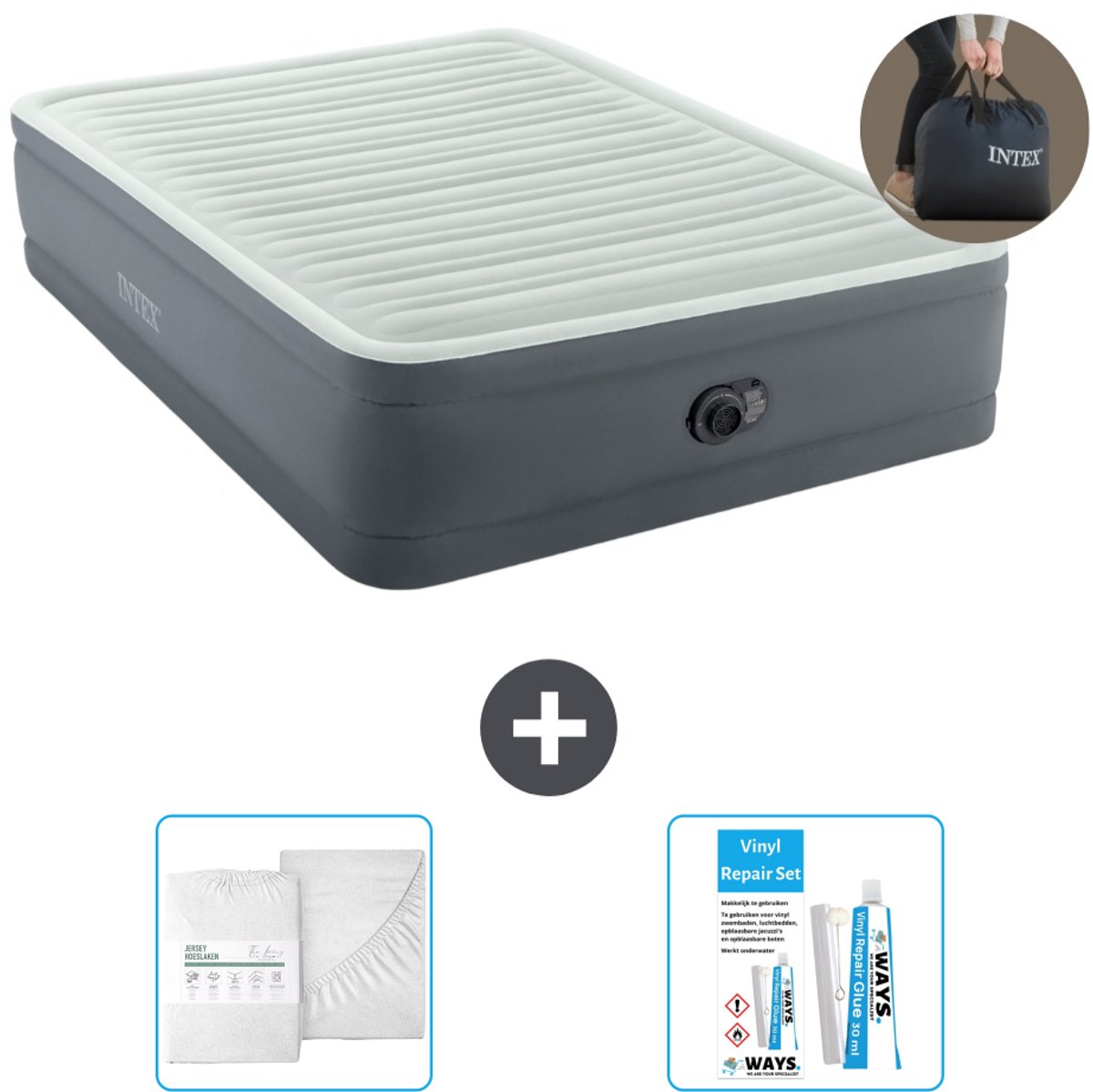 Bol.com Intex Luchtbed - 2-Persoons - 152 x 203 x 46 cm - Grijs - Inclusief pomp - Hoeslaken en Reparatieset aanbieding