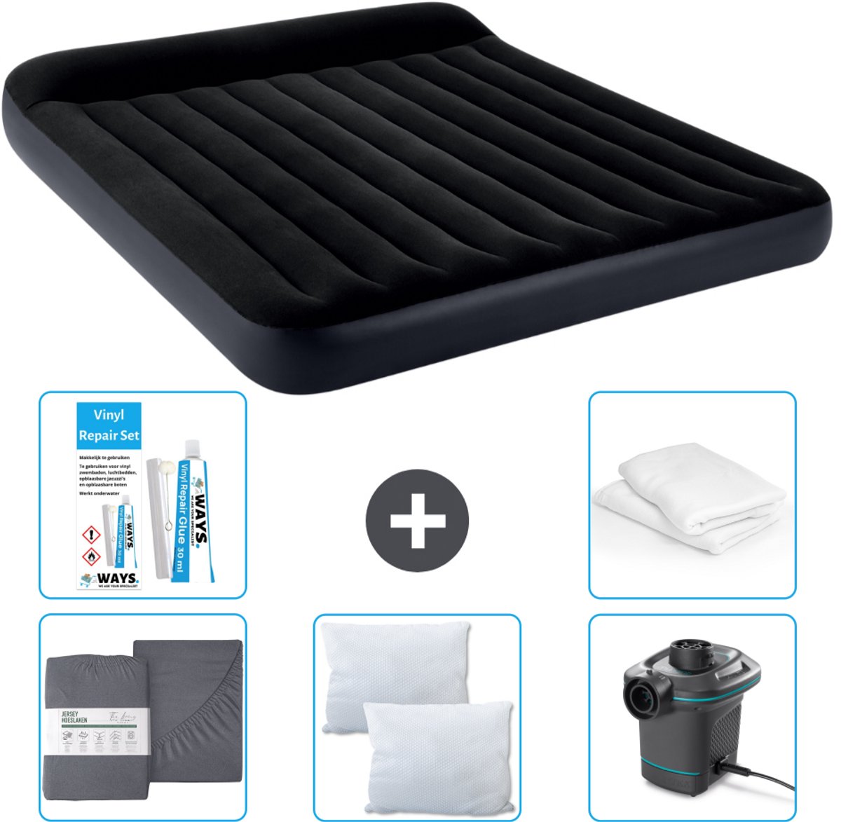 Intex Luchtbed - 2-Persoons - 183 x 203 x 25 cm - Donkerblauw - Inclusief Hoeslaken - Kussen - Pomp - Reparatieset en Kussenbeschermer