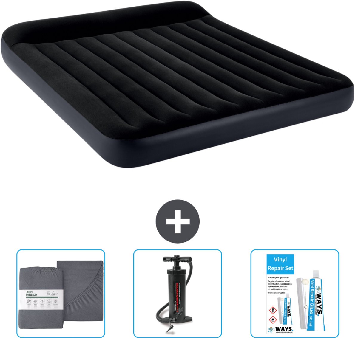 Intex Luchtbed - 2-Persoons - 183 x 203 x 25 cm - Donkerblauw - Inclusief Hoeslaken - Pomp en Reparatieset